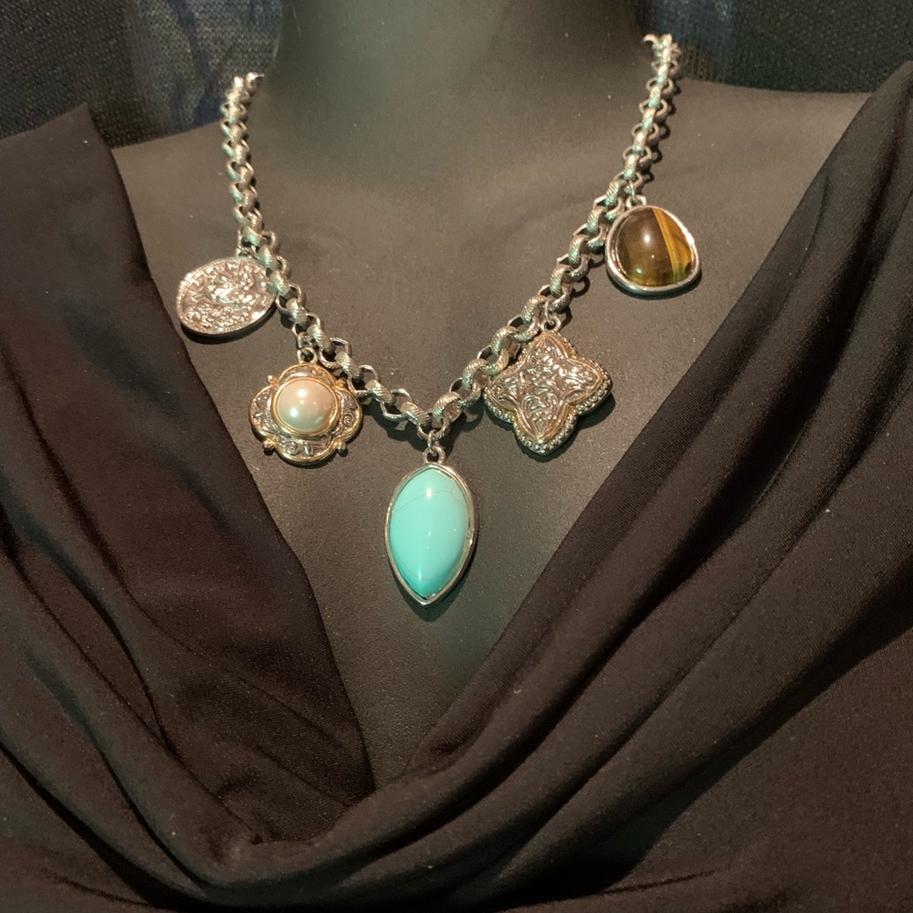 Silver Necklace with Charms of turquoise, Pearl and cat’s eye